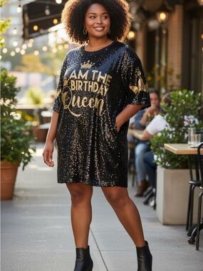 Sequin 'Birthday Queen' Mini Dress in Black & Gold